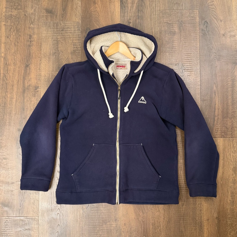 Senqu Mens Medium Navy Blue Sherpa Lined Fleece Full Zip Hoodie Mountain Logo